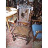 17th Century walnut side chair with carved cresting rail, cane back and seat on barley twisted