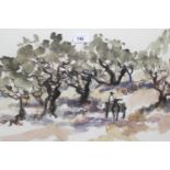 Claude Quiesse, watercolour, figure in a horsedrawn cart in an olive grove, signed, 13.5ins x 20ins,