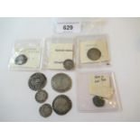 Five various James I silver hammered coins, two small Charles I hammered silver coins, a