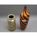 Studio pottery vase with narrow neck and oviform body decorated with an orange and brown painted