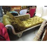 19th Century cream painted and gilded chaise longue with a loose buttoned mustard velvet squab