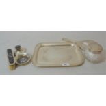 Birmingham silver dressing table set comprising a rectangular floral engraved tray, matching hand