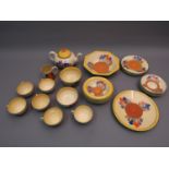 Clarice Cliff Bizarre Crocus pattern thirty one piece tea service including teapot and fruit set (