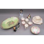 Two Royal Doulton figures, Tony Weller and Sarey Gamp, two other figures, an Arthur Wood plate and a