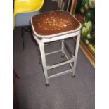 Pair of reproduction painted metal industrial stools with wooden inset tops