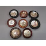 Collection of eight various framed Prattware pot lids