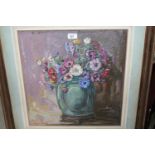 Attributed to Murray Adams Acton pastel drawing, autumn flowers in a green glazed Chinese vase,