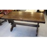 Reproduction oak refectory style draw-leaf dining table on slab end supports, 60ins x 32ins plus