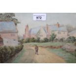 Warren Williams ARCA, watercolour, figure on a country lane with cottages beyond, signed, 8ins x