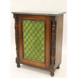 Small 19th Century mahogany side cabinet, the grey marble top above a brass grilled door with carved