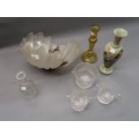 Art Deco glass scallop shell form light fitting, three various Monteith bowls, small decanter, amber