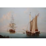 Bernard Page signed oil on board, tall ship and other boats on calm waters, housed in a swept gilt