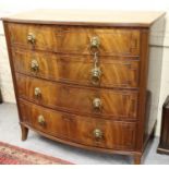 Regency mahogany semi bow front chest, the figured reeded top above four graduated and reed