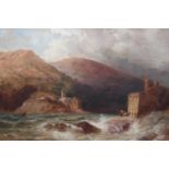 19th Century oil on canvas, mountain river landscape with figures by a fort, ornate gilt framed,