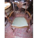 Edwardian mahogany and marquetry inlaid open armchair together with a similar button upholstered tub