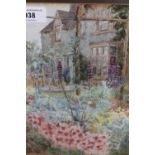 Early 20th Century gilt framed watercolour, figure by a country house with cottage garden,