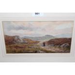 Frederick Boisseree, watercolour, figure on a path in a Highland landscape, signed, 5ins x 9.5ins,