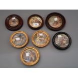 Collection of seven various framed Prattware pot lids