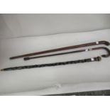 Late 19th / early 20th Century rosewood and silver mounted walking cane, and two other walking