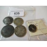 Queen Anne silver fourpence, George I silver shilling and three other 18th Century silver coins