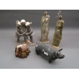 Modern Studio pottery figure of a pig (at fault), similar group of three children signed C.
