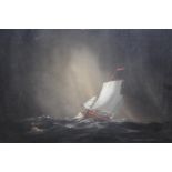 Oil on canvas, sailboat in rough seas by a buoy, signed Marchington, gilt framed, 11.5ins x 15.5ins,