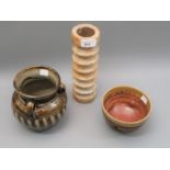 Alan Wallwork, stoneware Studio pottery vase of cylindrical ribbed design, incised mark AW to the