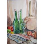 Mary Pollock, watercolour, still life with wine glasses, fish, vegetables, '82, 19ins x 15ins