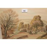 20th Century watercolour, landscape, a lane with cottages, signed Anita Tregarneth, gilt framed,