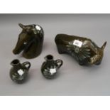 Lotus Pottery green glazed figure of a bull, similar green glazed figure of a horses head, and a