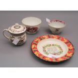 Small 19th Century transfer decorated motto plate, two 18th / 19th Century English tea bowls and a