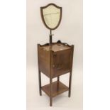Edwardian mahogany and satinwood crossbanded bedside cabinet / shaving stand with a shield shaped