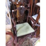 19th Century mahogany splat back open elbow chair with drop-in seat raised on square tapering