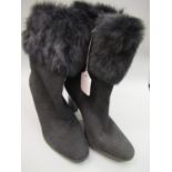 Pair of Via Spiga black suede ladies fur trimmed boots with zip fastening, 4inch heals, size 39.5