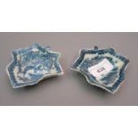 Pair of 18th Century English porcelain blue and white leaf form pickle dishes