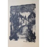 Unframed monotype print, two figures in a street, signed ' Vlaminck ', 12ins x 9.5ins