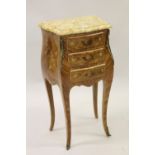 20th Century French Kingwood marquetry inlaid and gilt brass mounted three drawer bedside cabinet