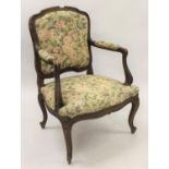 Pair of early 20th Century French open arm chairs with machine woven tapestry covered backs and