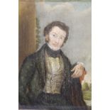 19th Century miniature oil painting on panel, half length portrait of a gentleman, 6ins x 4.5ins