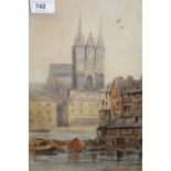 19th Century watercolour, Continental river scene with buildings and a cathedral, signed with