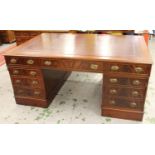 Good quality reproduction mahogany pedestal partners desk, having burgundy leather and gilt tooled
