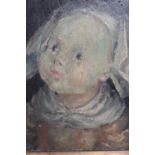 Oil on board, portrait of an Elizabethan child with white head scarf, 9ins x 9ins