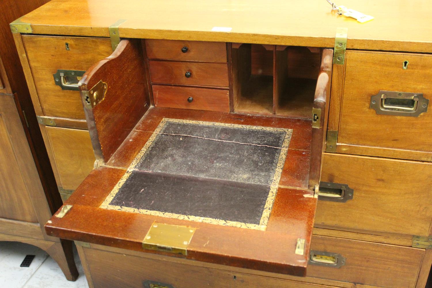 19th Century mahogany and brass bound two part secretaire military chest, the fitted central - Image 2 of 5