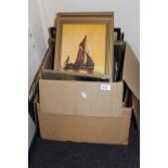 Box containing a quantity of various pictures including oils, hand coloured engravings etc.