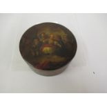 19th Century circular papier mache snuffbox, the cover painted with children at play, with a