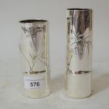 Two Japanese cylindrical silver bamboo form spill vases with bird decoration, signed to the bases, 4