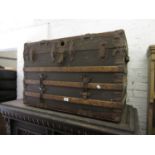 Wooden slatted linen and metal mounted trunk inscribed to the side ' E.D. Montreal ' (for