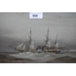 Attributed to Sir Oswald Walter Brierly, monochrome watercolour, portrait of a steam sailing vessel,