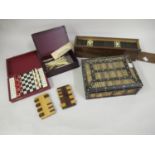 Small 19th Century porcupine quill box together with a cased set of bone and ebony dominoes, two
