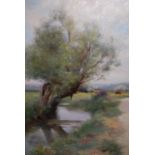 A. Pisa signed oil on canvas board, landscape with stream and distant cattle, 13.5ins x 9ins